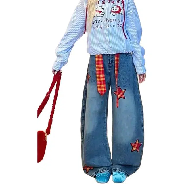 如续 美式复古潮流小众设计感星星刺绣弯刀低腰长裤宽松阔腿镰刀牛仔裤 女款