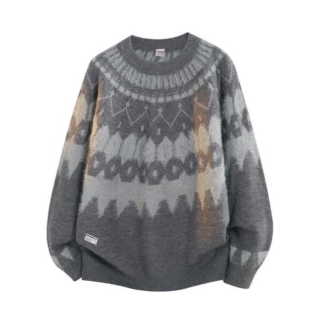 吾皇猫 复古潮牌费尔岛提花圆领针织衫慵懒宽松百搭加厚保暖舒适日常打底长袖毛衣 男女同款