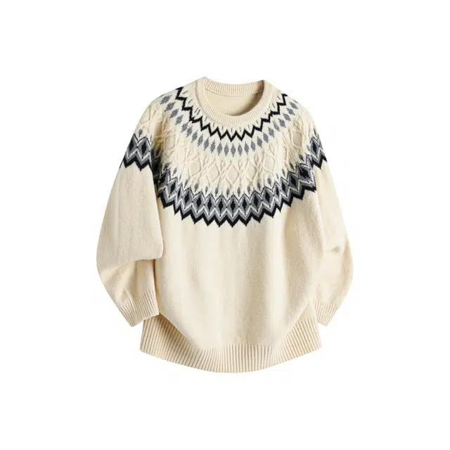 虫小绿 美式复古费尔岛套头毛衣外套绒感慵懒风秋冬季宽松休闲潮流百搭圆领提花针织衫 男女同款