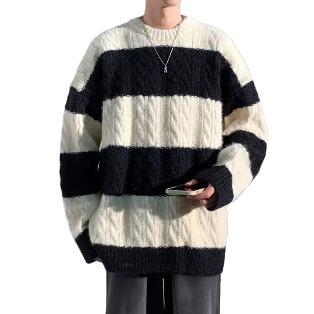 一碗士多 撞色套头条纹织带美式复古高街时尚流行痞帅个性高级设计日常通勤宽松舒适百搭不挑人针织衫 男女同款