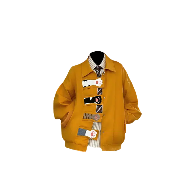 一碗士多  小猫爪撞色刺绣拼接防水软壳可爱甜美风翻领静默美式复古日常城市户外通勤出街拍照宽松舒适百搭夹克显瘦慵懒感棒球服 男女同款