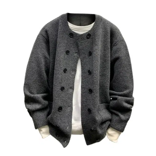 半空山 纯色简约双排扣潮流设计慵懒风开衫外套宽松百搭舒适透气圆领针织衫 男女同款