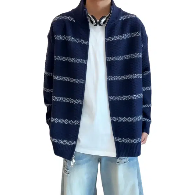 蛊惑 复古美式菱格条纹开衫毛衣秋冬百搭休闲外衣慵懒高级感针织衫 男女同款