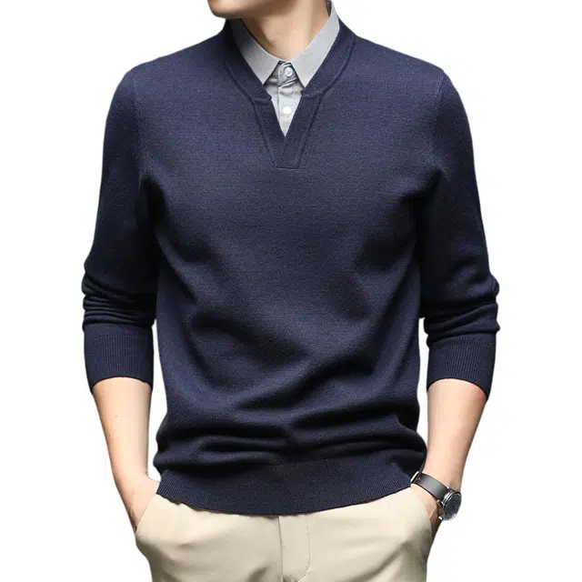 老爷车 秋冬季男士衬衫领假两件加厚保暖含绵羊毛针织衫 男款