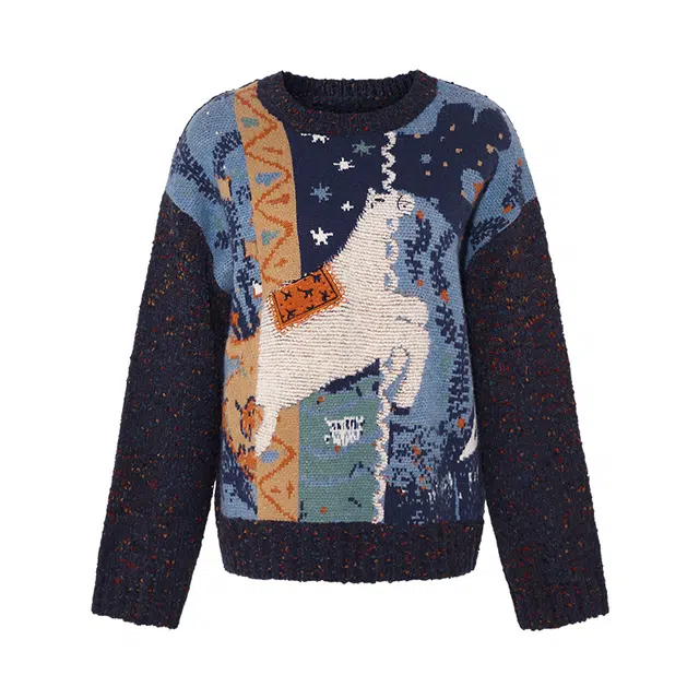 两三事 糖衣星系 复古文艺时尚慵懒风设计宽松休闲舒适日常百搭趣味动物立体绣花针织套头长袖上衣毛衣 女款