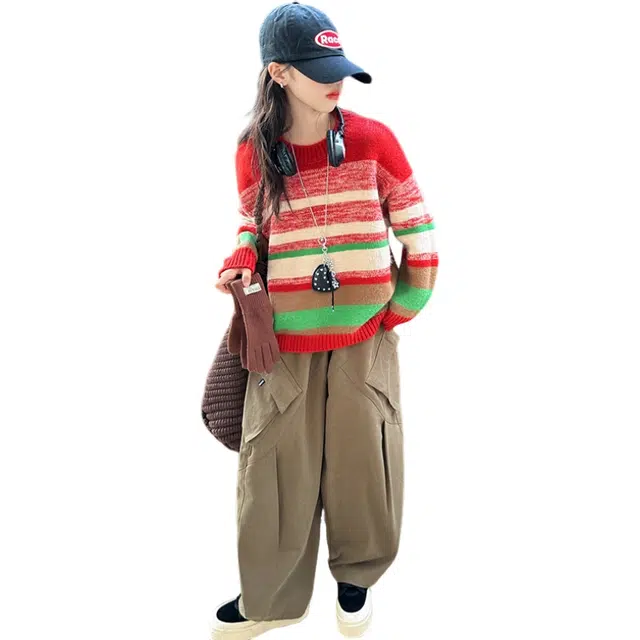 木清清毛衣 元气时髦女童中大童彩条撞色保暖亲肤百搭休闲上衣 青少年