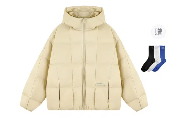 港仔文艺男 白鸭绒美式复古拼接结构撞色字母印花菱形格加厚保暖锁温防寒落肩面包服休闲百搭宽松简约潮流连帽羽绒服 男女同款