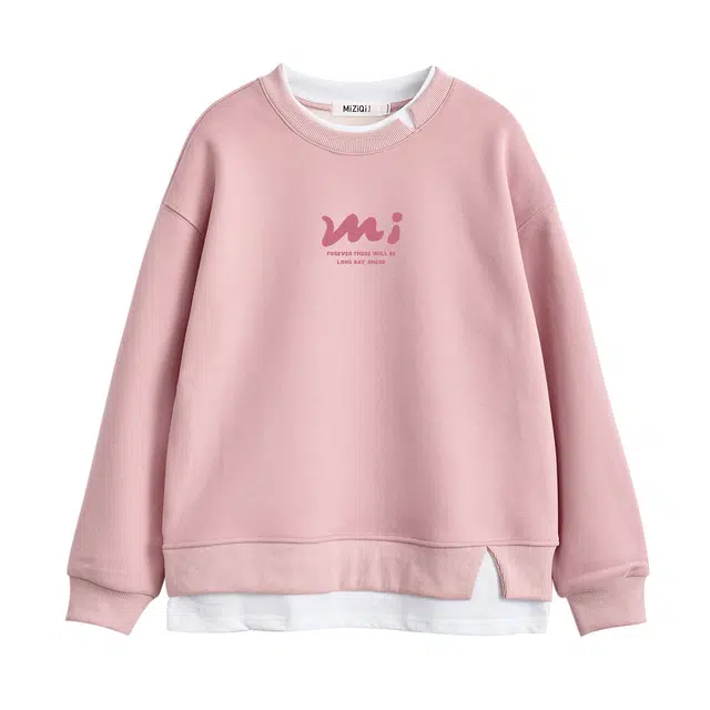 米子旗 假两件加绒高级感撞色宽松百搭圆领套头卫衣 女款