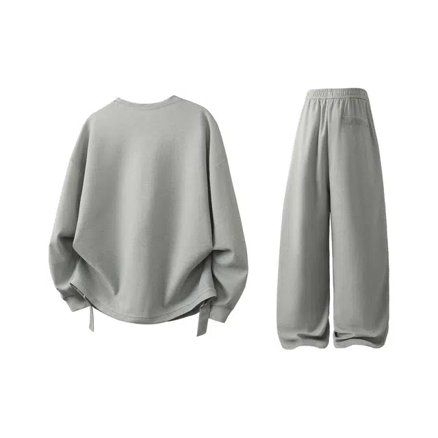 虫小绿 美式复古学院风基础款纯色百搭宽松圆领长袖卫衣搭配简约垂感直筒长裤慵懒风休闲运动套装 男女同款