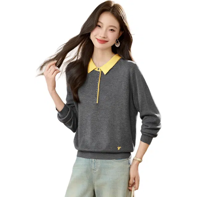 袋鼠 韩系质感宽松外穿撞色小翻领薄款上衣针织衫 女款