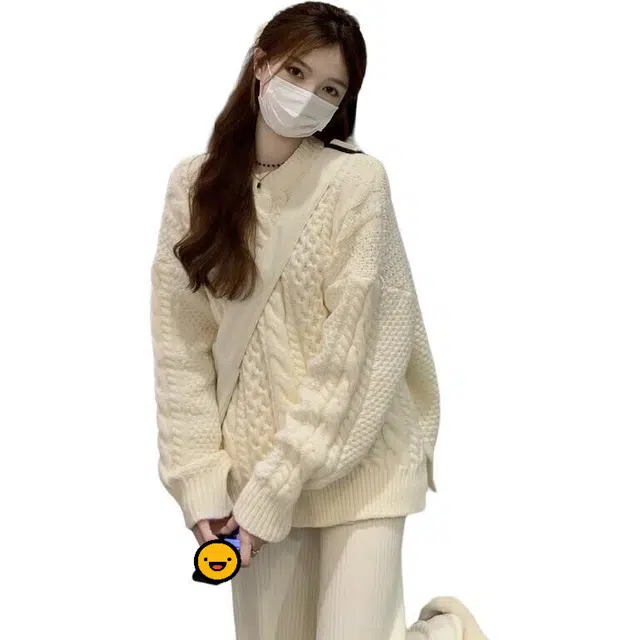 邦固依品 复古日系慵懒风女宽松外穿加厚保暖麻花打底衫女秋冬上衣针织衫 女款