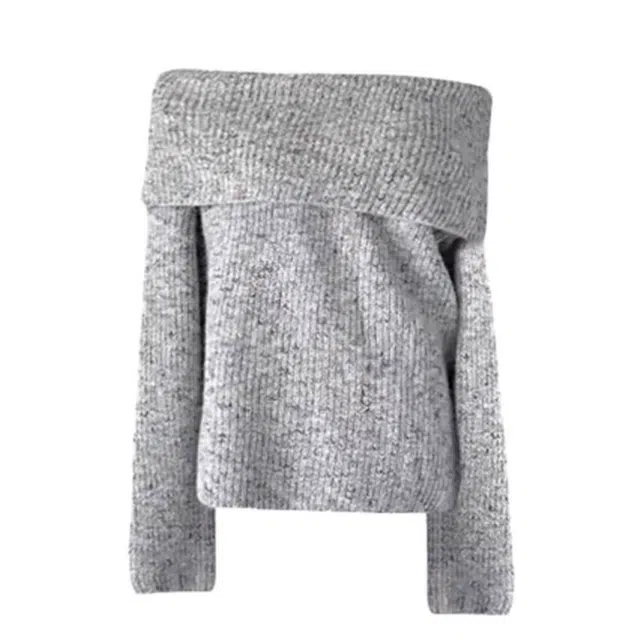 囍鱼少女 灰色露肩韩系套头女秋冬慵懒风宽松气质小个子长袖一字肩上衣针织衫 女款