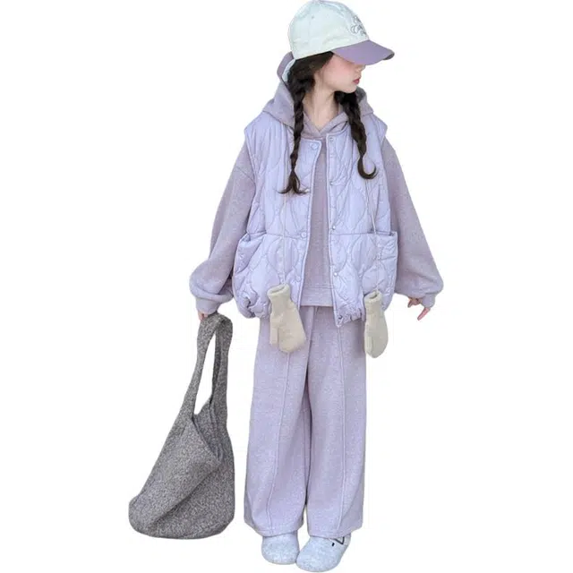 帕兰朵休闲运动套装 女童时尚潮流百搭加绒加厚保暖秋冬季中大童时髦洋气韩系马甲连帽三件套 青少年