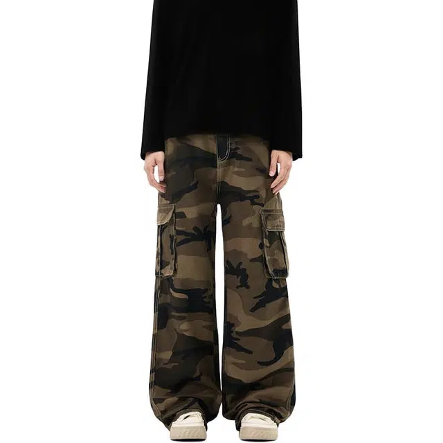 么宁 美式宽松街头迷彩水洗直筒百搭高街休闲裤 男款