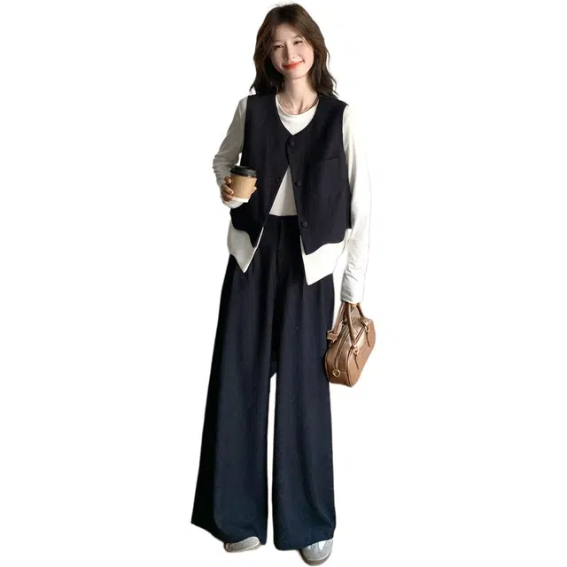 袋鼠 下摆撞色不规则拼接设计时尚气质马甲内搭阔腿裤三件套休闲套装 女款