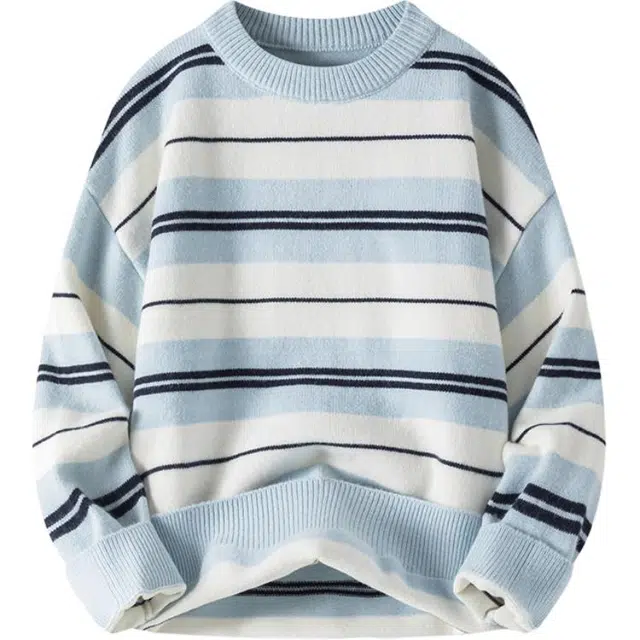 洋气先生 美式潮牌时尚潮流简约条纹软糯慵懒舒适保暖宽松外穿圆领上衣长袖日常通勤基础款甜美酷帅无性别主义休闲百搭针织衫 男女同款