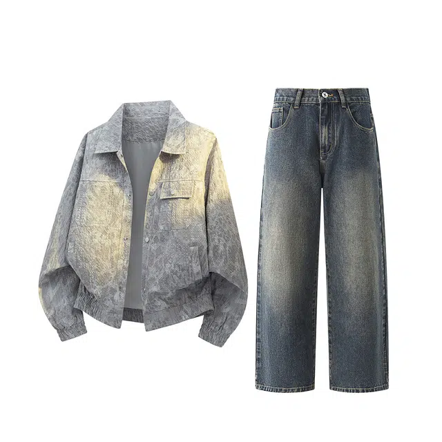 素杭 美式高街扎染立领开衫夹克外套搭配复古水洗做旧半松紧直筒阔腿牛仔裤两件套休闲运动套装 男女同款
