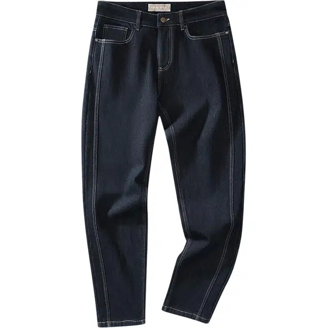 与狼共舞 潮流明线设计休闲青年款加绒保暖亲肤抗静电通勤百搭简约纯色直筒弹力牛仔裤 男款