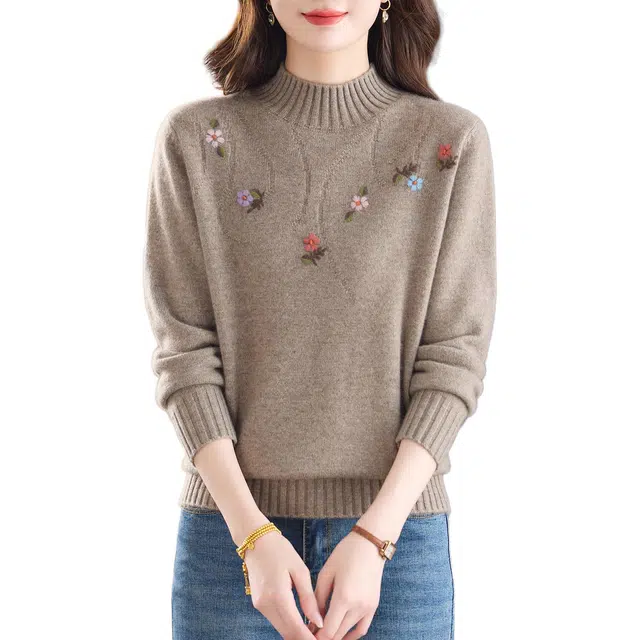 恒源祥 高端品质精细绵羊毛优雅复古半高领舒适时尚加厚保暖打底针织衫 女款