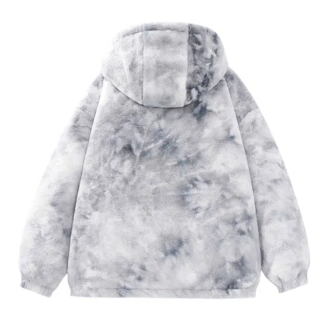 哲源 美式复古扎染羊羔绒基础款上衣加绒加厚时尚个性绒感痞帅休闲短款立领连帽棉服 男女同款