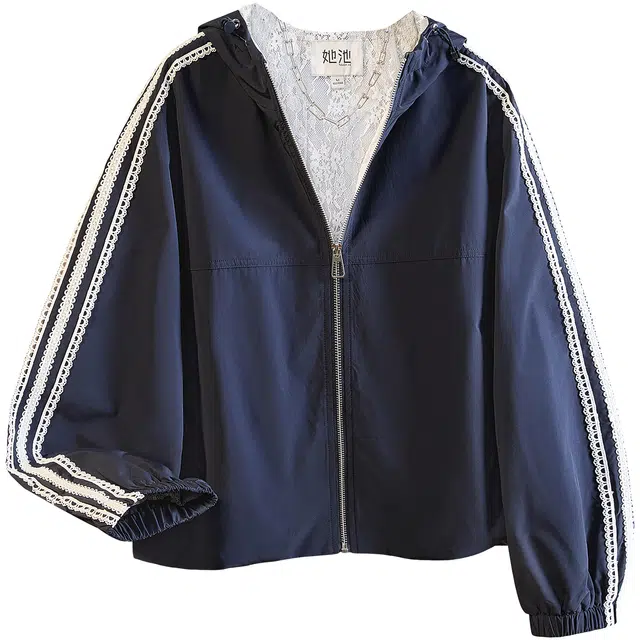 她池 设计感蕾丝拼接宽松款连帽休闲风落肩长袖截短外套 女款 藏青色