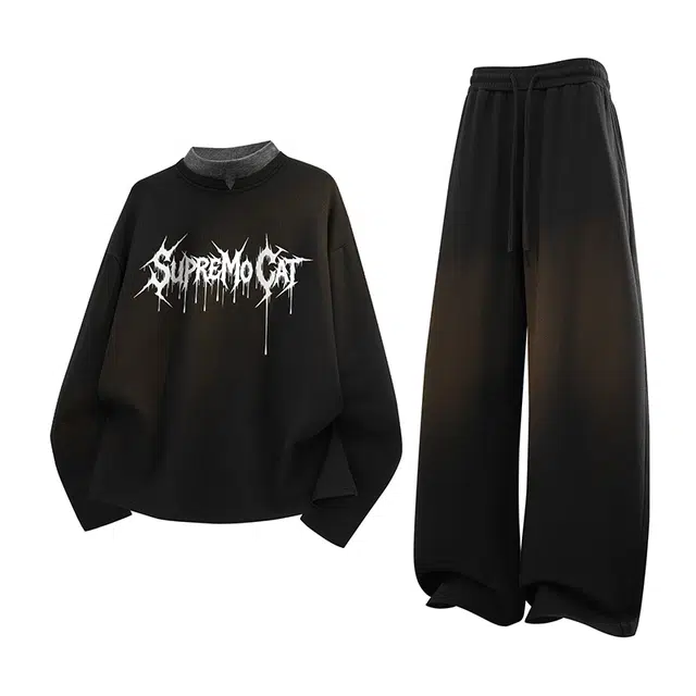 吾皇猫 半高领高级设计感棉羊绒美式复古假两件保暖软糯宽松通勤户外长袖睡衣套装 男女同款