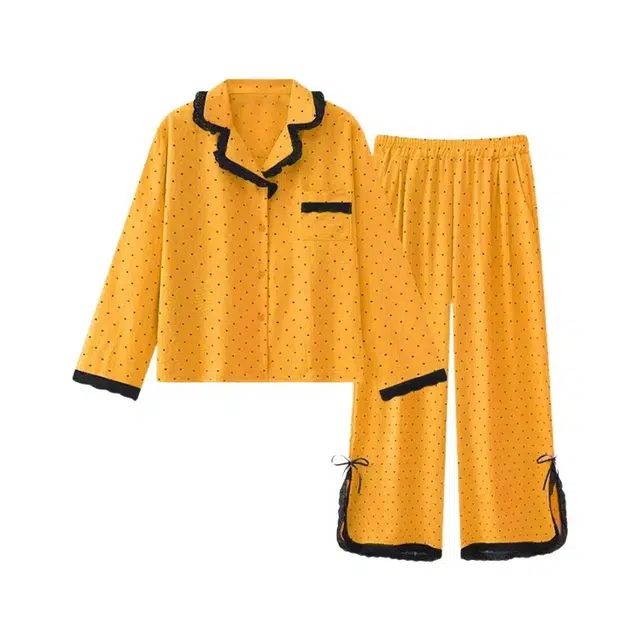 橡柠派 小香风时尚波点长袖长裤两件套舒适萌趣可爱少女心亲肤柔软甜美家居服睡衣套装 女款