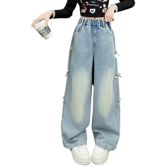 木清清牛仔裤 甜酷元气中大童女童宽松蝴蝶结拉条加绒厚实舒适阔腿裤 青少年