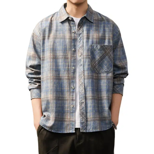 贵色 高端日系复古撞色设计感格子上衣牌衬衣外套长袖衬衫 男女同款