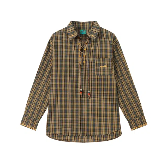 江南先生 流浪者之歌 纯棉格纹领口绑绳设计撞色刺绣宽松衬衣秋季长袖衬衫 男女同款