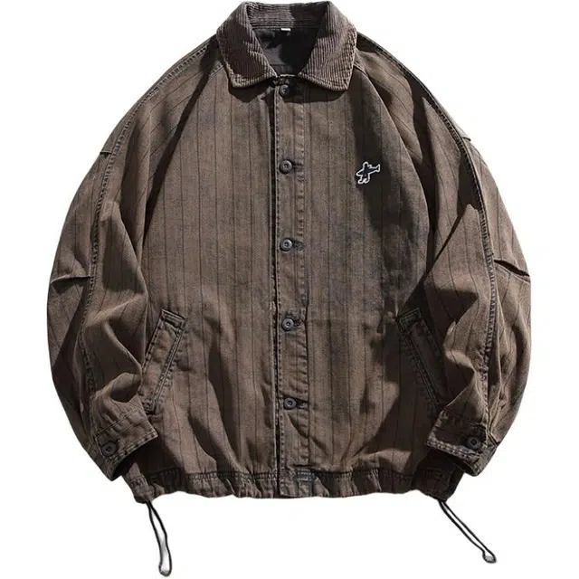 宫奴 潮牌复古做旧蜡染水洗宽松条纹工装翻领外套夹克 男女同款