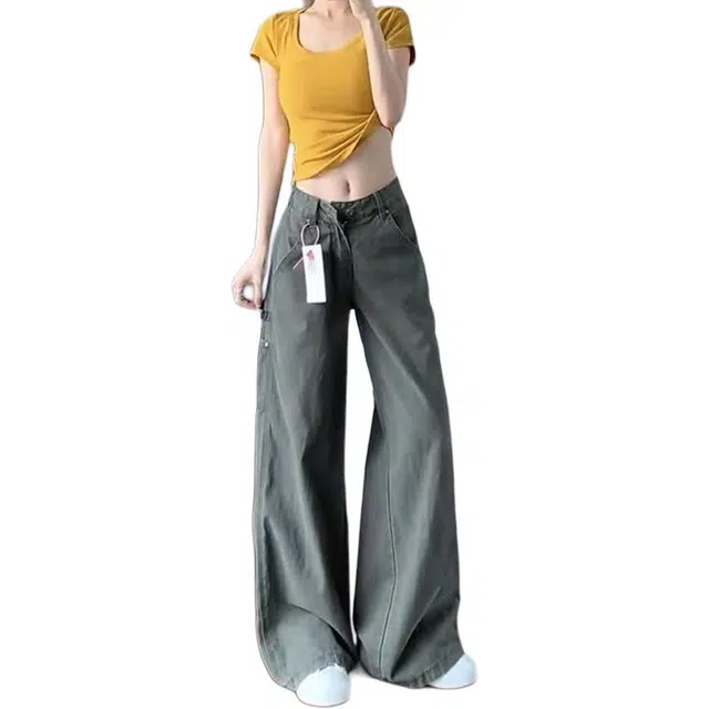 如续 美式复古微喇多口袋珠帆工装裤秋季上新休闲高街垂感高腰显瘦宽松阔腿拖地裤女生小个子款牛仔裤 女款
