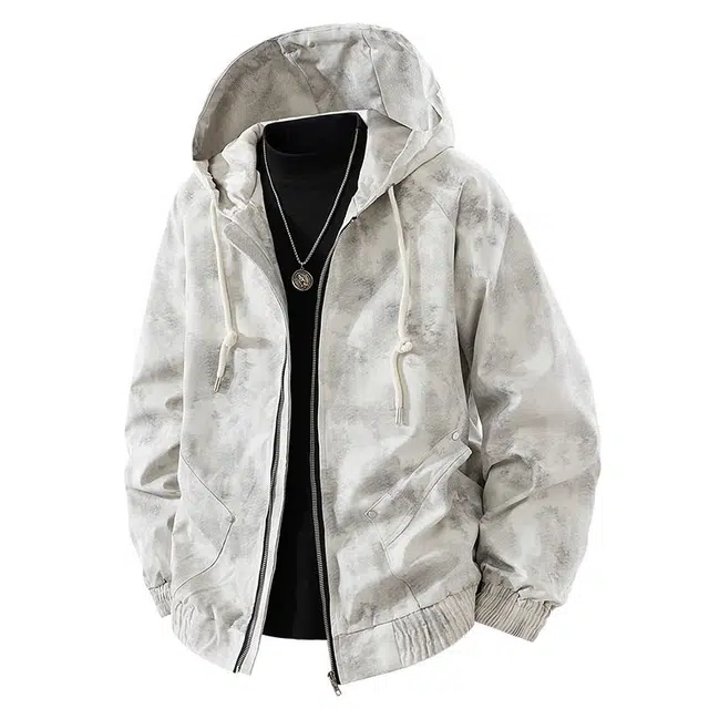 潮人榜 美式高街秋季防风防水肌理感休闲百搭潮牌简约大码落肩长袖宽松连帽夹克 男女同款