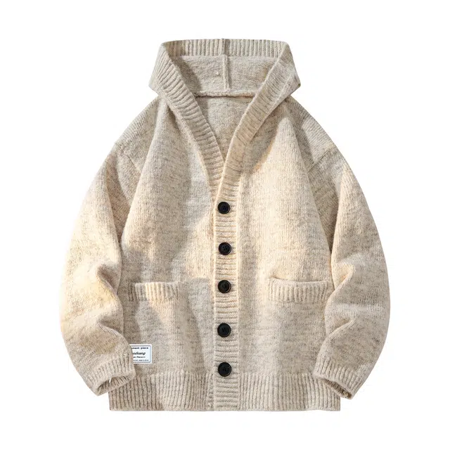 敦煌博物馆 复古慵懒感基础款简约织唛标宽松休闲百搭开衫单排扣长袖垂感舒适柔软连帽针织毛衣 男女同款