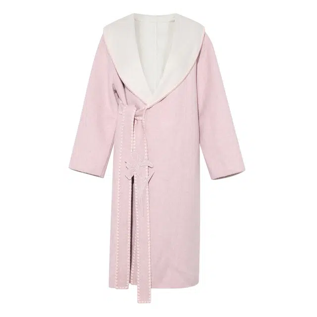 两三事 冬日恋歌 复古文艺甜美可爱优雅时尚简约宽松柔软舒适日常通勤保暖百搭绣花腰带拼色双面羊毛长袖大衣 女款