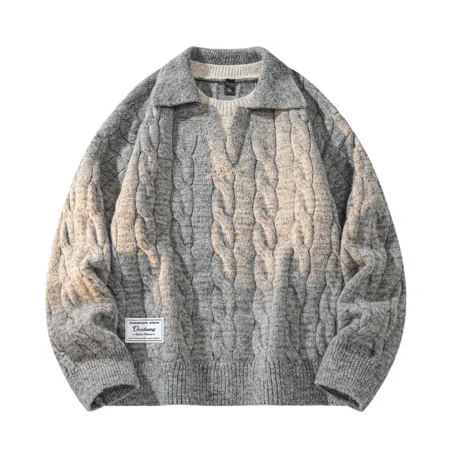 敦煌博物馆 美式复古慵懒风假两件翻领麻花针织上衣简约织唛标时尚百搭街头潮流宽松柔软舒适老钱风套头毛衣 男女同款