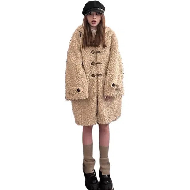 苏九儿 韩系羊羔毛外套女连帽中长款加绒加厚宽松大衣 女款