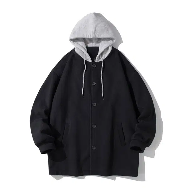 宝米卡 无性别秋冬连帽毛呢大衣假两件中长款呢料外套风衣 男女同款