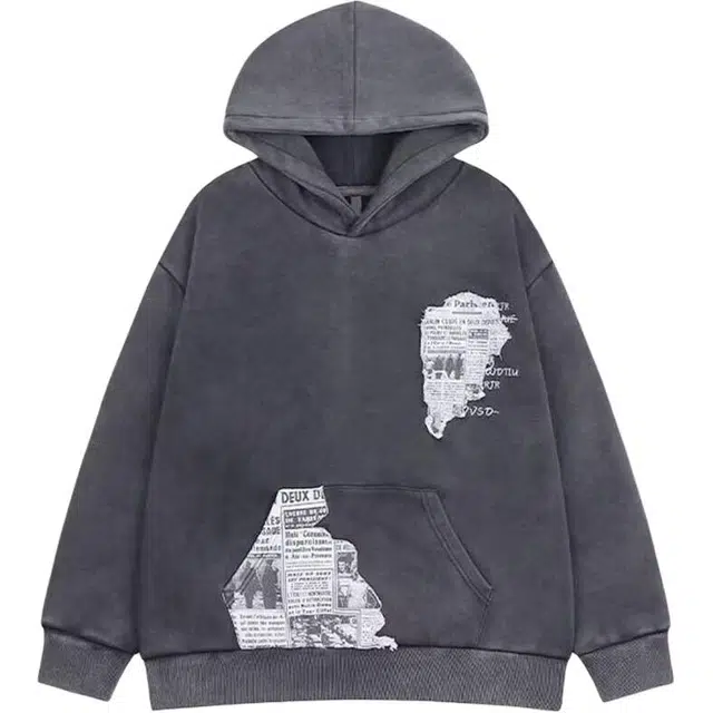 沐诚阳译 秋冬潮牌水洗做旧报纸连帽男女街头复古贴布加绒帽衫卫衣 男款