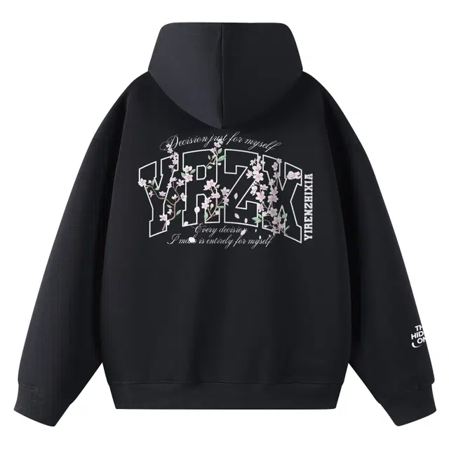 一人之下 美式简约时尚植物花卉镂空字母印花设计学院风情侣学生百搭舒适潮流宽松休闲日常通勤套头连帽卫衣 男女同款