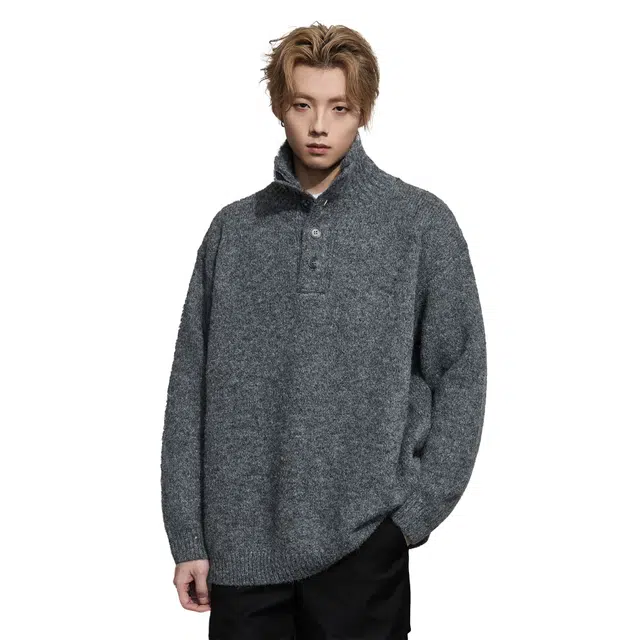 隐狼世家 软糯质感高领针织衫毛衣男秋冬半开襟纽扣慵懒宽松情侣外套卫衣 男款