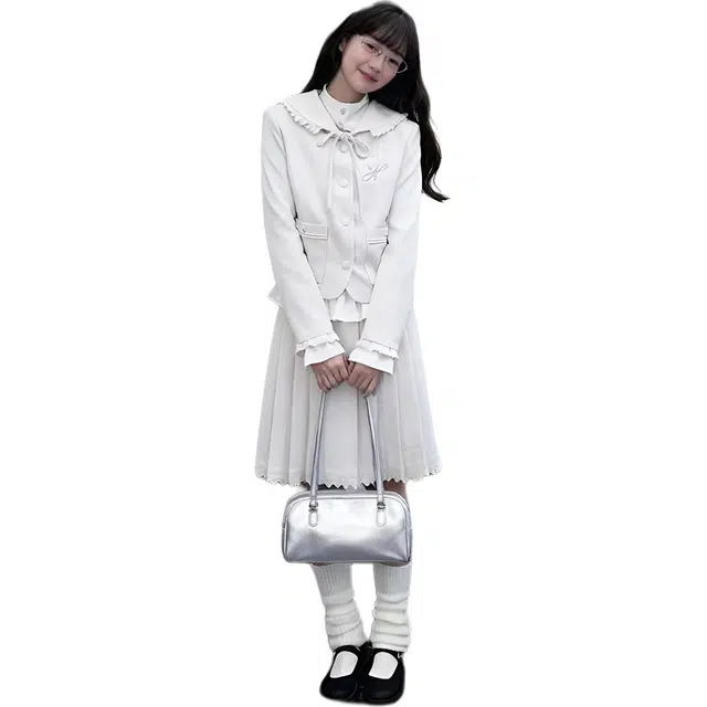 敲模女孩 韩系学院风翻领荷叶边西服日杂感西装外套搭高腰百褶半身裙裙装套装 女款