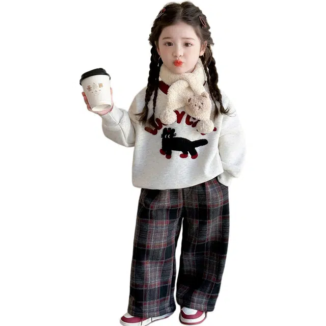 帕兰朵休闲运动套装 女童时尚潮流甜美百搭加绒加厚保暖红格裤子猫咪卫衣卫裤秋冬儿童洋气女宝宝时髦可爱冬季两件套 中小童