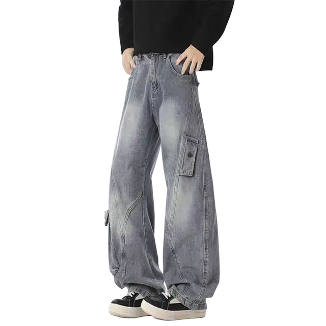 一碗士多 拼接解构水洗做旧口袋美式复古高街直筒时尚流行痞帅个性高级设计日常通勤宽松舒适百搭不挑人牛仔裤 男女同款