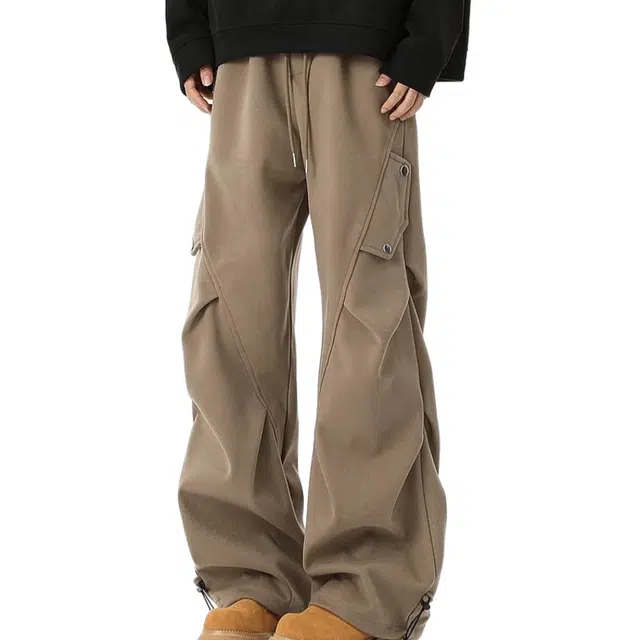 轻迎 美式加厚褶皱宽松潮流阔腿百搭休闲长裤工装裤 男款