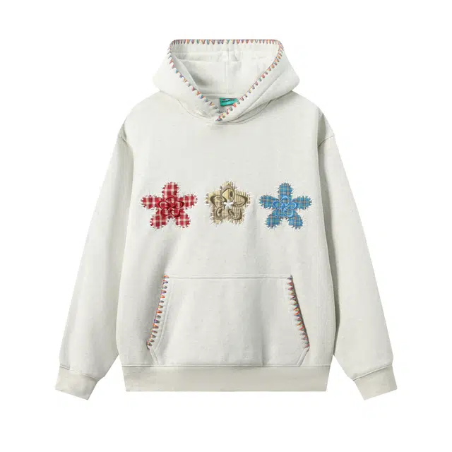 江南先生 流浪者之歌 抗菌抗静电连帽外套秋季小花朵贴布绣贝壳刺绣宽松加绒加厚上衣卫衣 男女同款