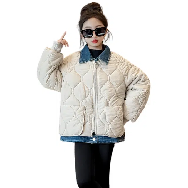 木清清棉衣 活力流行女童中大童舒适秋冬款牛仔拼接保暖外套 青少年