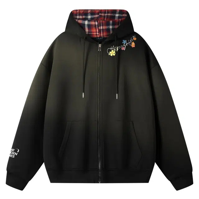 一人之下 美式复古时尚经典条纹植物花卉字母印花设计学院风潮流宽松百搭休闲舒适日常通勤拉链抽绳连帽开衫卫衣 男女同款