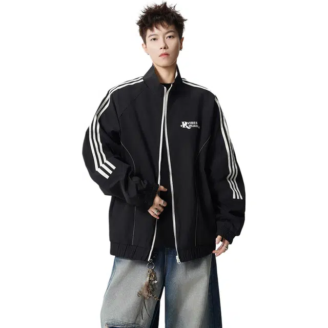 宝米卡 美式两面穿立领秋季潮牌情侣运动外套高街百搭条纹休闲上衣夹克 男女同款