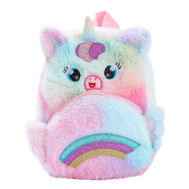 绿野客 可爱卡通毛绒彩虹趣味创意书包 少女休闲背包 涤纶 双肩包 中号 白色